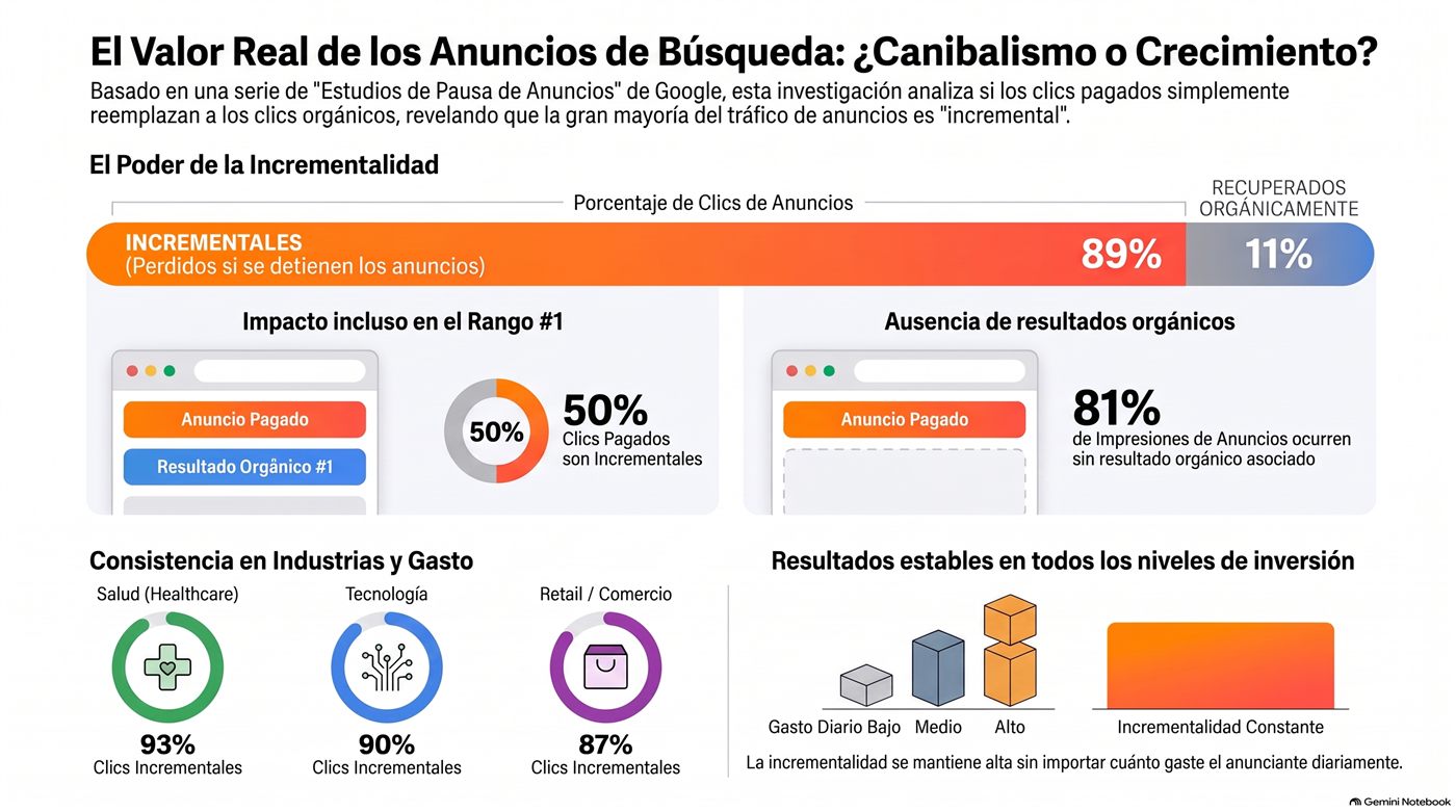 Infografía: el 89% de los clics de anuncios de búsqueda es incremental y se pierde al pausar la campaña, con desglose por posición #1 (50%), impresiones sin resultado orgánico (81%) y por sector (salud 93%, tecnología 90%, retail 87%)