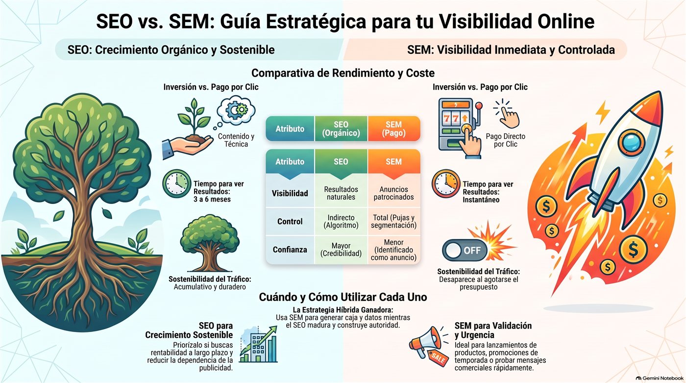 Infografia SEO vs SEM: guia estrategica con arbol de crecimiento organico (SEO), cohete de visibilidad inmediata (SEM), tabla comparativa de visibilidad, control y confianza, y cuando usar cada estrategia