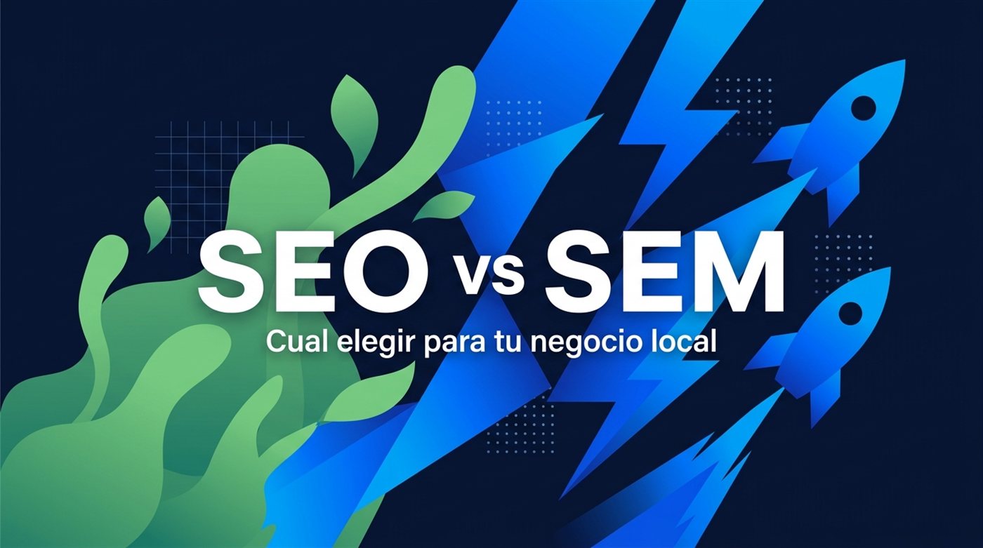 Portada SEO vs SEM: ilustracion moderna con el titulo del articulo, camino organico verde (SEO) y rayo azul veloz (SEM)